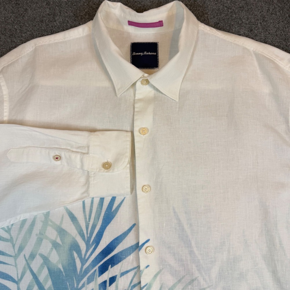 Tommy Bahama Mens XXL White Linen Tropical Palm Leaf Print Button Up Shirt